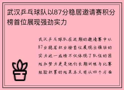 武汉乒乓球队以87分稳居邀请赛积分榜首位展现强劲实力